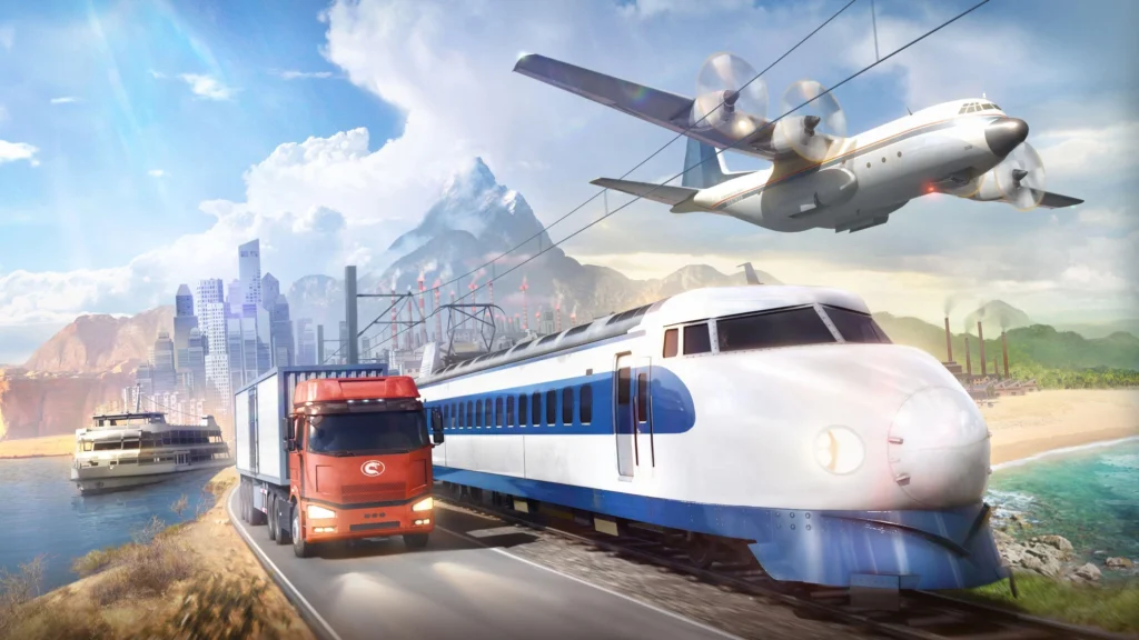 Multimodal transport with truck, train, airplane, and cargo ship.