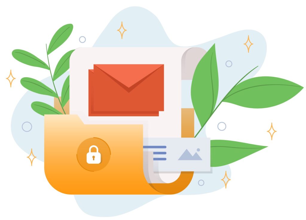 Digital folder with organized documents and file management icons.