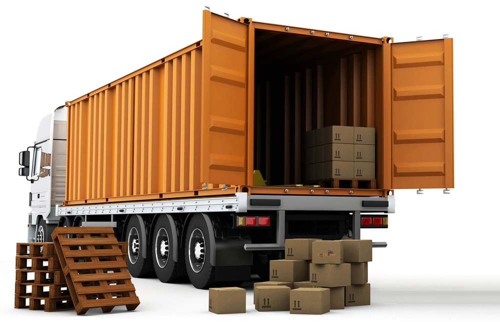 Cargo truck loading with boxes and pallets.