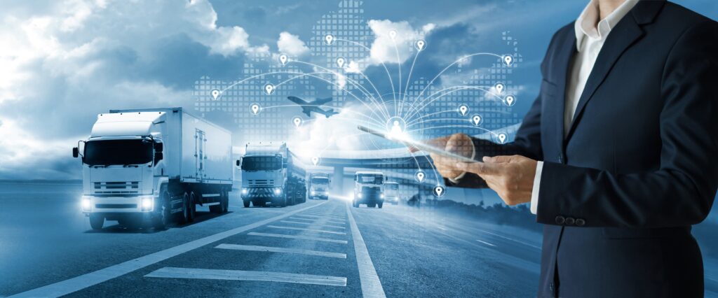 Digital logistics with trucks and smart transport system.